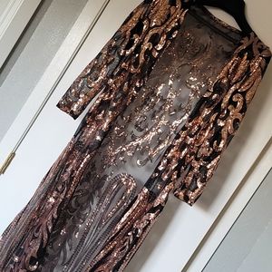 Long Sleeve Sequin Duster MEDIUM, Black Mesh with Gold Sequins